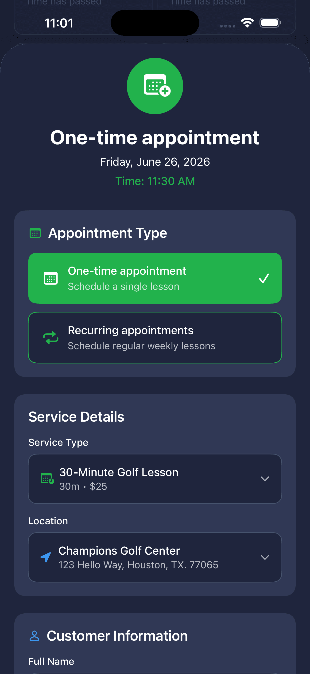 One-time appointment booking form — appointment type, service details, and student fields