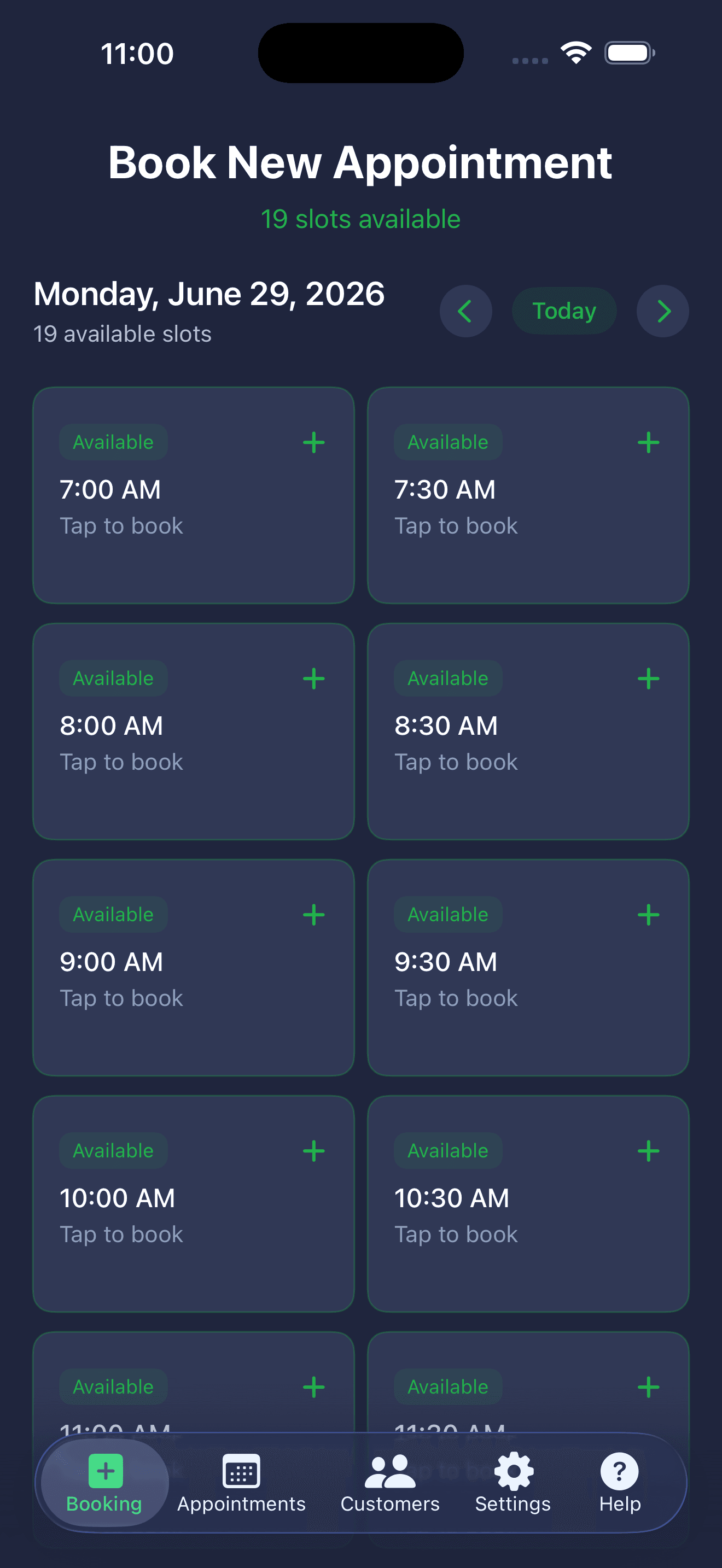 Book New Appointment screen showing a grid of available time slot cards for a selected day