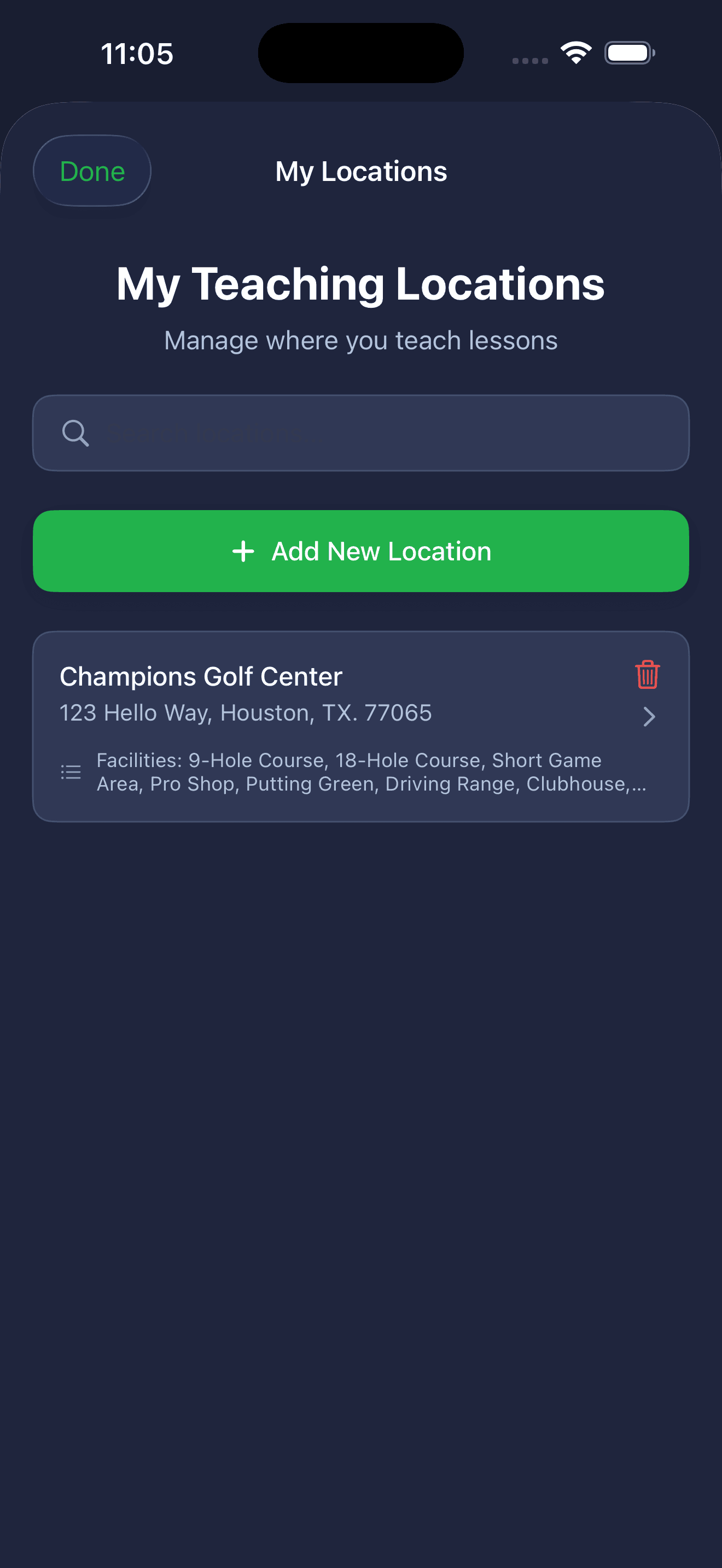My Teaching Locations screen — manage where you teach lessons with searchable venue list