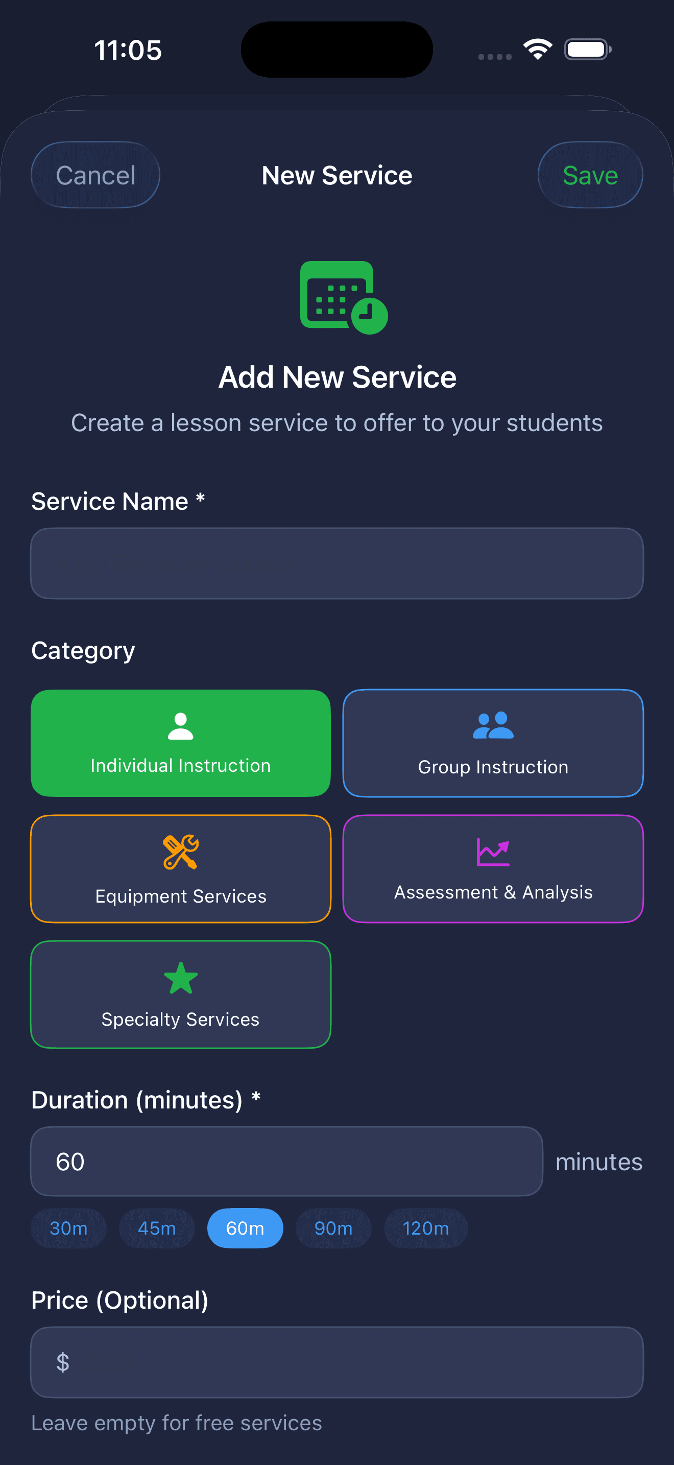 New Service form — create a lesson service with category, duration, and price