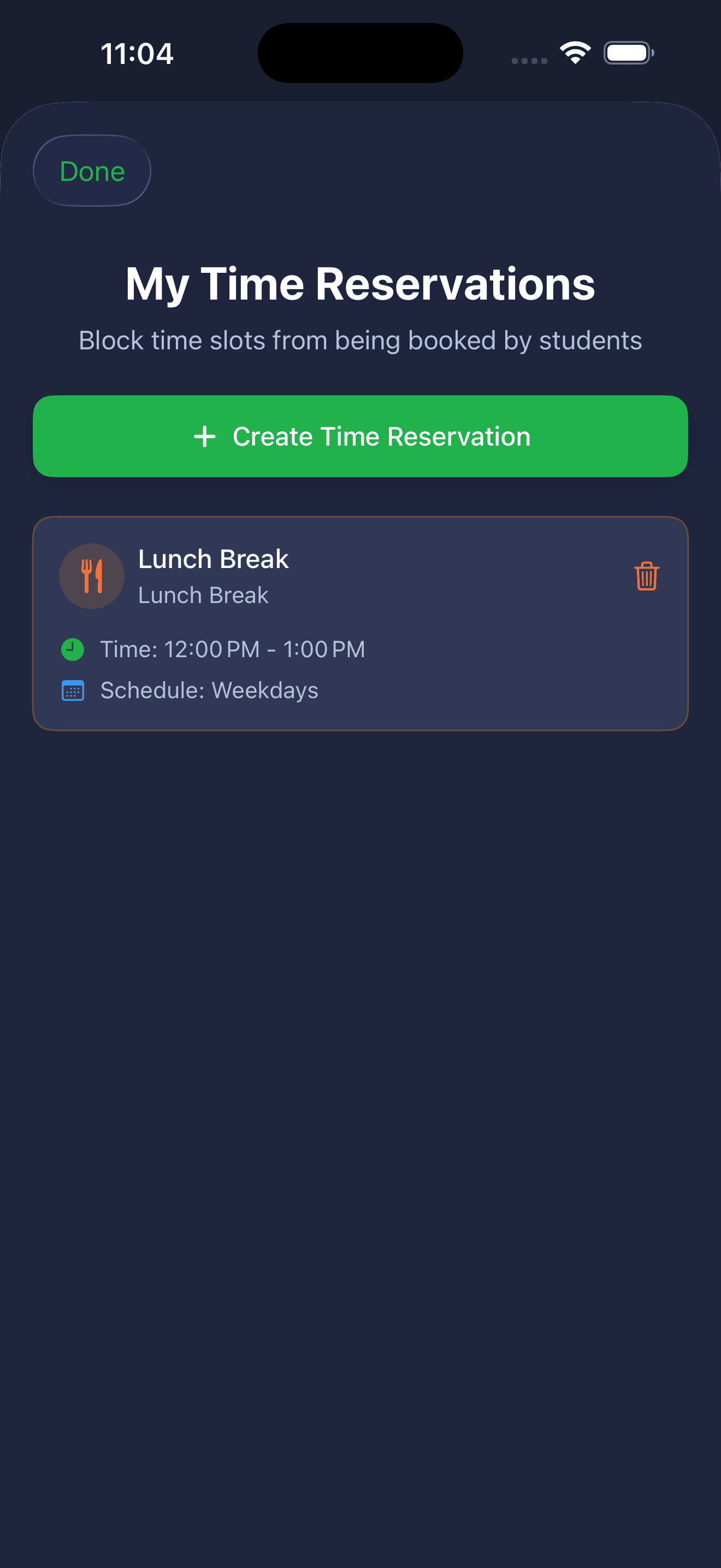 My Time Reservations screen showing a recurring Lunch Break reservation from 12:00 PM to 1:00 PM on weekdays