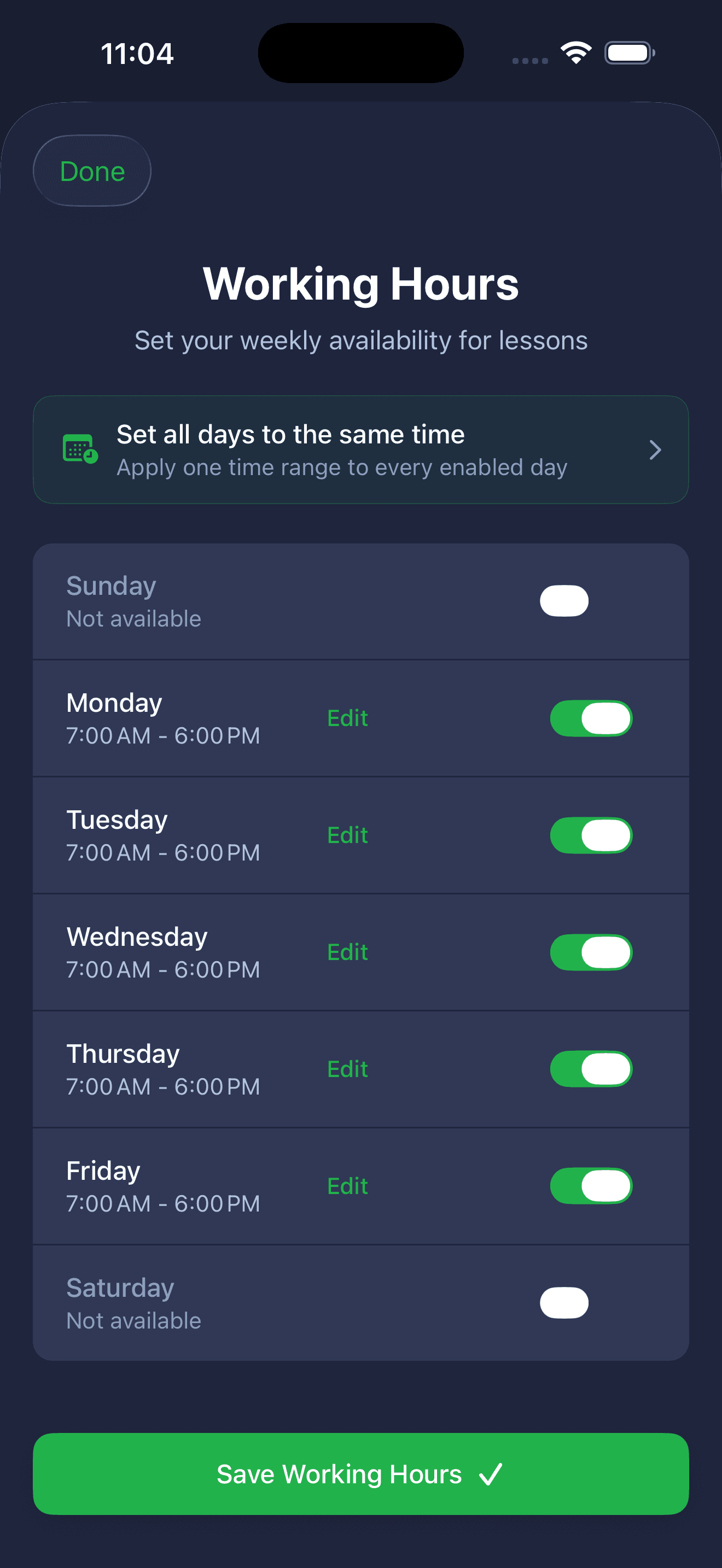 Working Hours screen showing per-day availability toggles for Sunday through Saturday